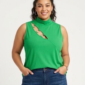 Venus Top Green Ribbed O-ring Cutout Mock Neck Sleeveless 2X Chic Party